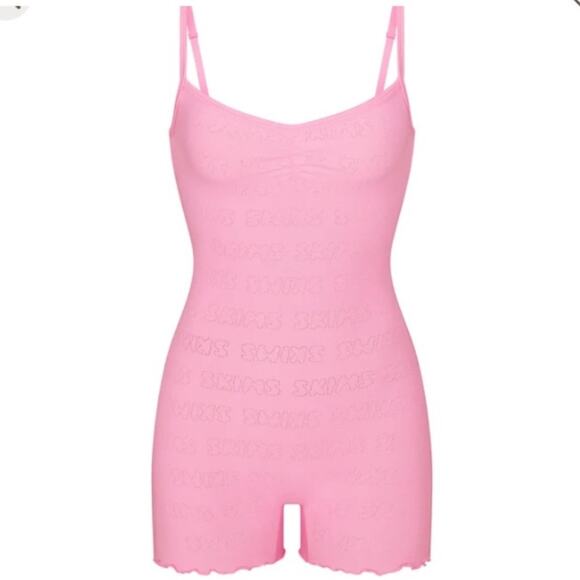 NWT SKIMS Bubble Gum Pink‎ Pointelle Logo Onesie